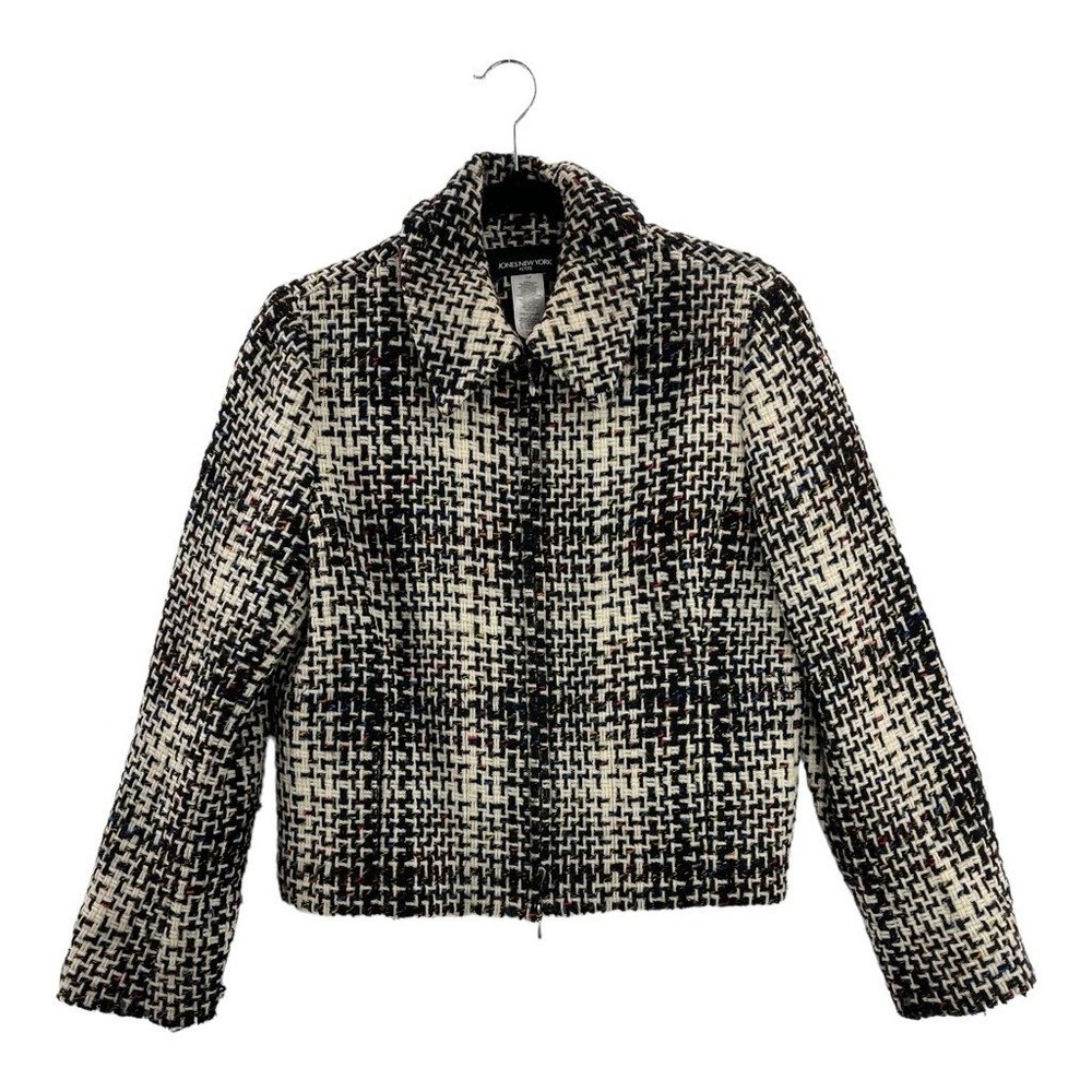 Jones New York Womens Jacket Coat Black Geometric Full‎ Zip Lined Petites 12P